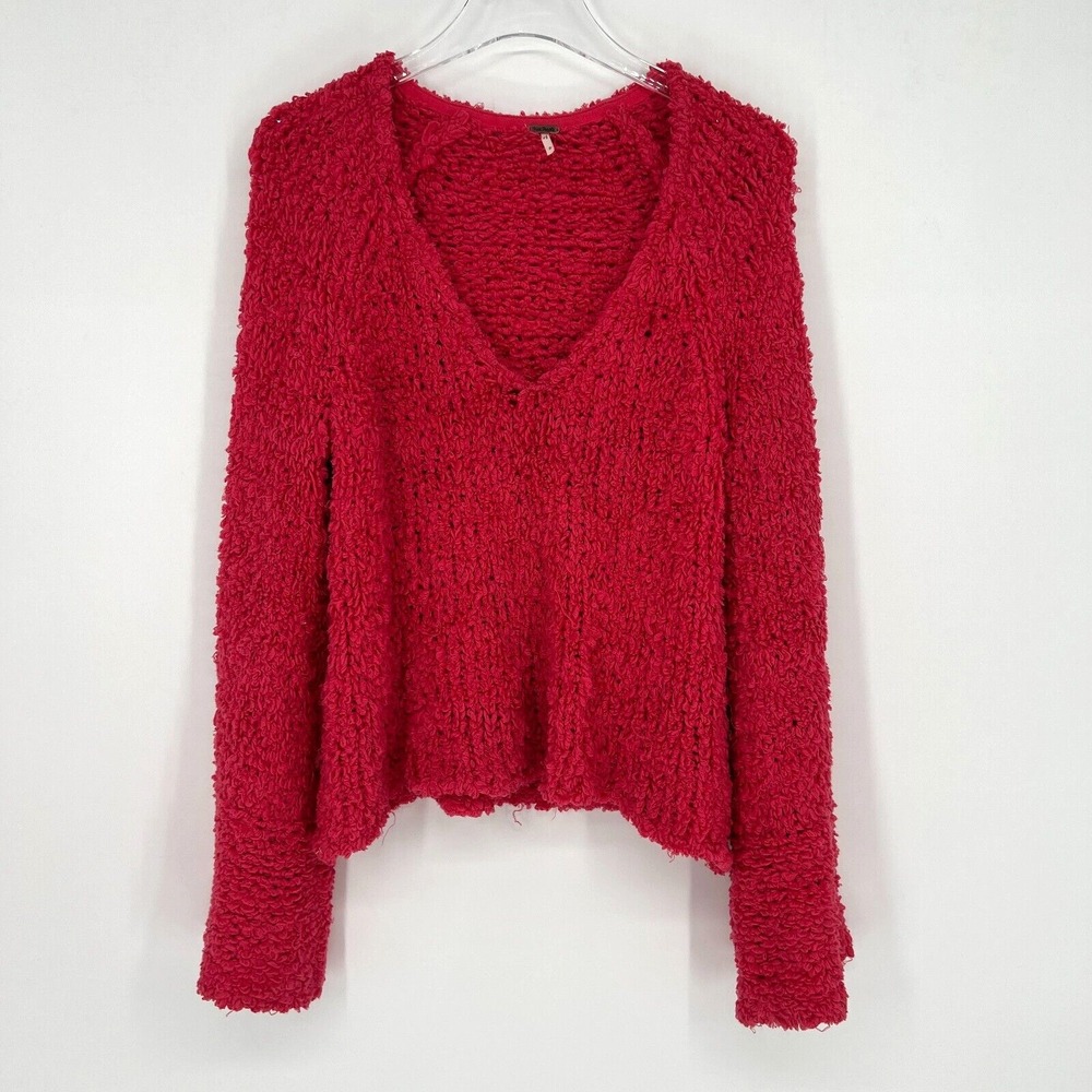 Free People Sweater Womens S Chunky Hippie Boho Red‎ Pink Shaggy Cozy Indie